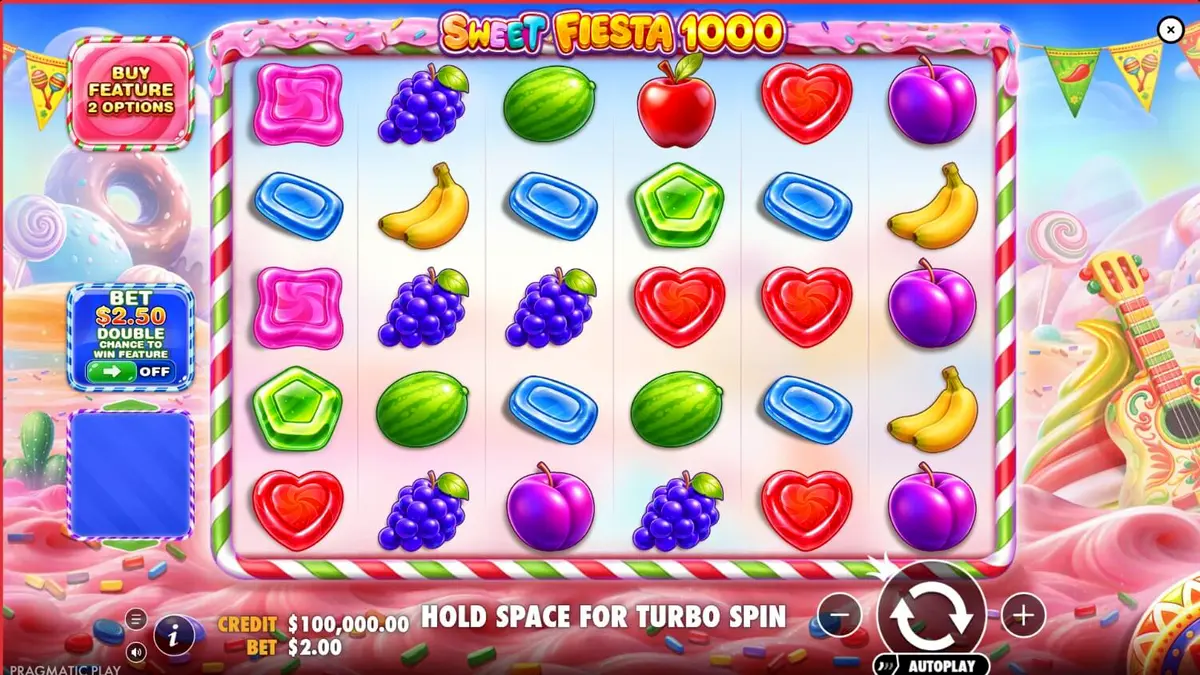 Makulay na disenyo ng Sweet Fiesta 1000 slot na may temang Mexican carnival at mga kendi.