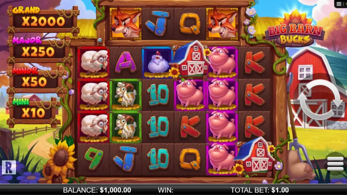 Big Barn Bucks slot game interface na may mga hayop at farm theme